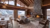 Alpine chalet interior with fireplace